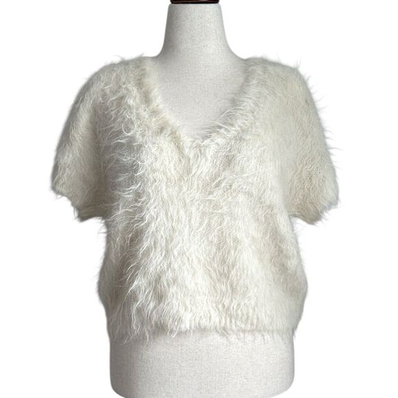 Nation LTD Suri Alpaca Wool Blend Fuzzy Short Sleeve Sweater Ivory Cream Size M - Picture 1 of 9